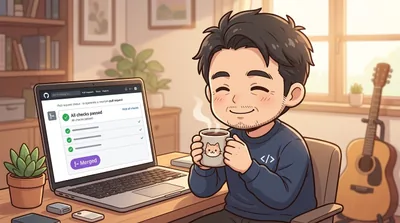 自動マージ完了を見届けてコーヒーで一息つく様子
