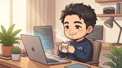 コーヒーを片手に一息つきながら思索にふける様子